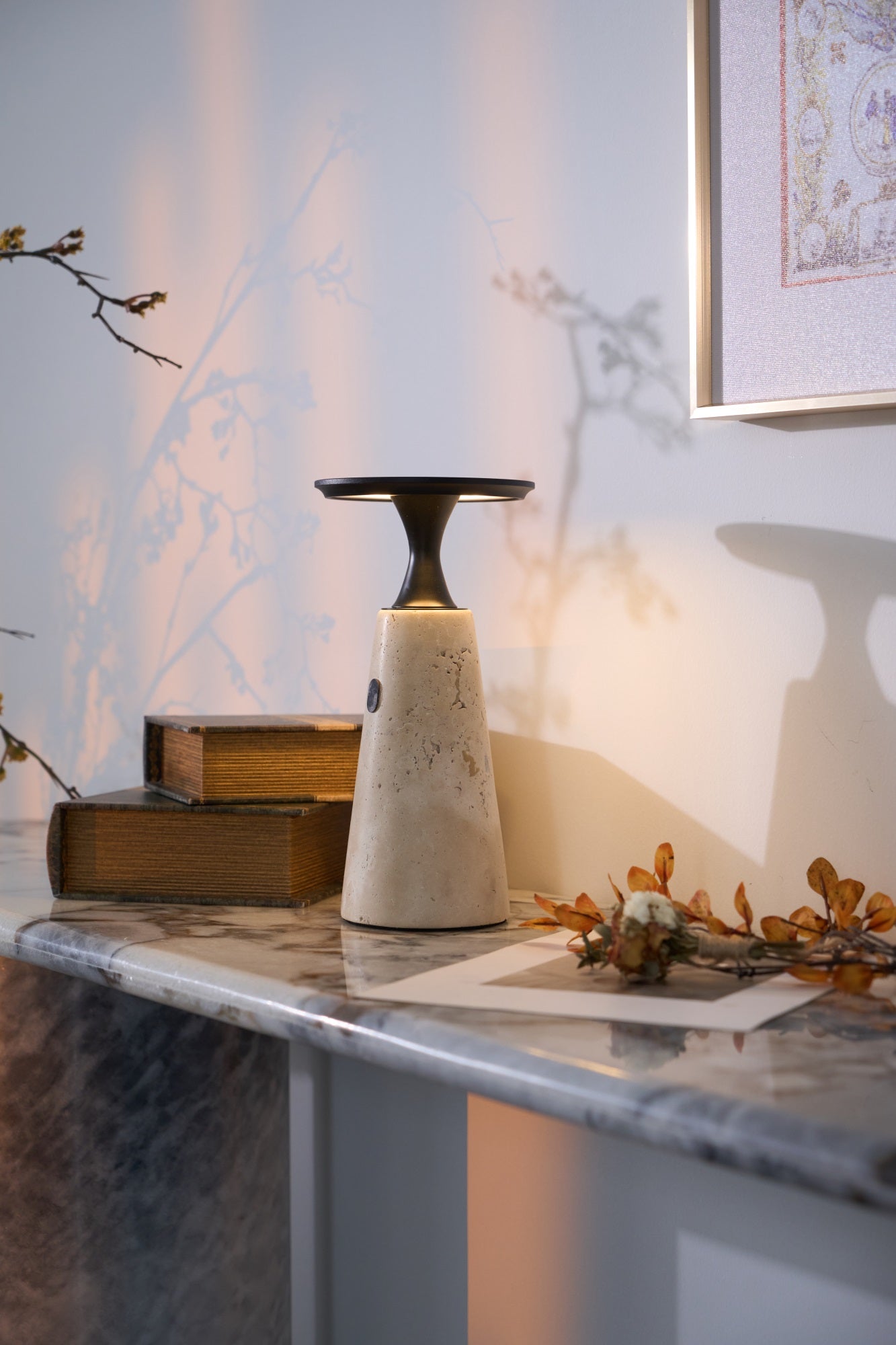 Vespera Sculptural Travertine Table Lamp