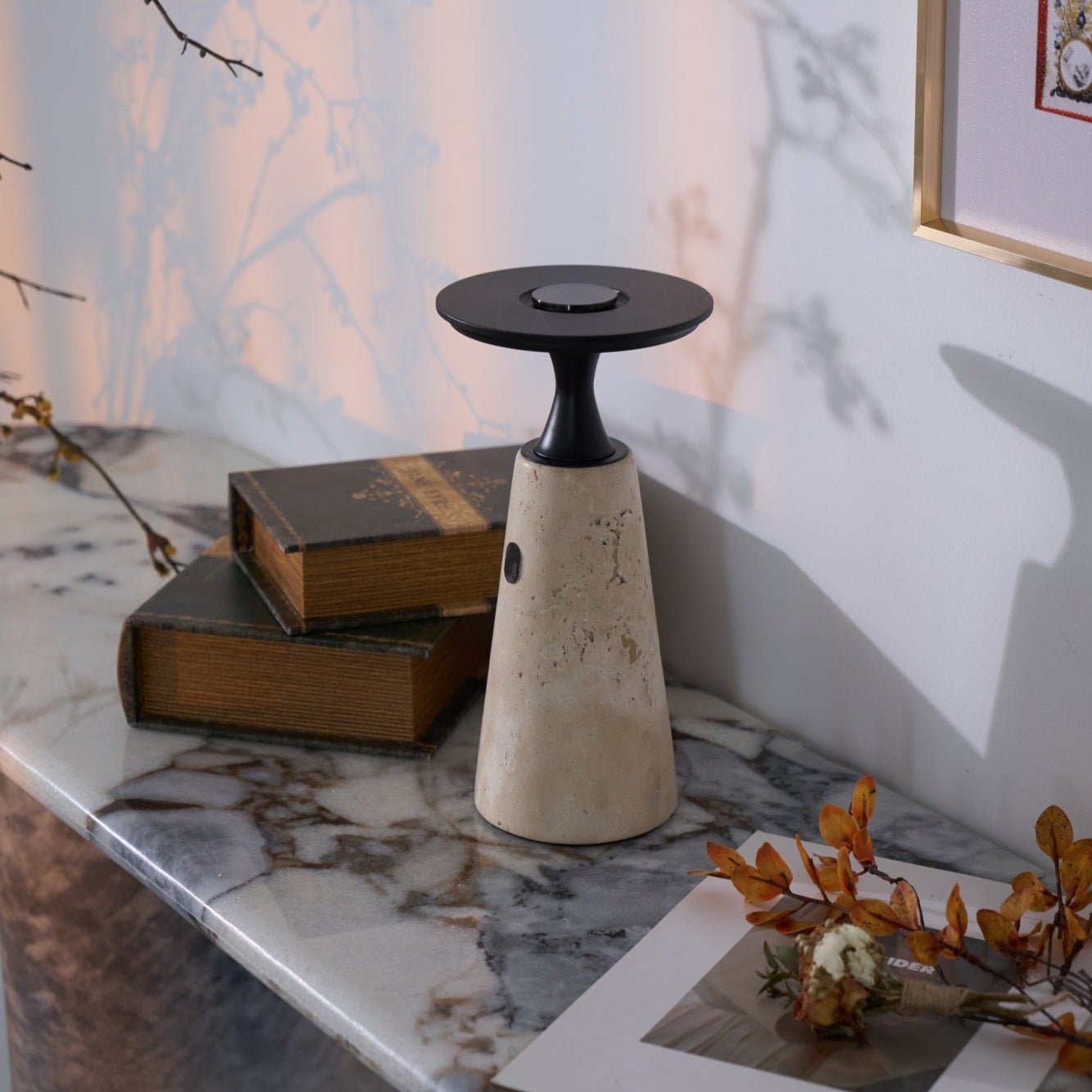Vespera Sculptural Travertine Table Lamp