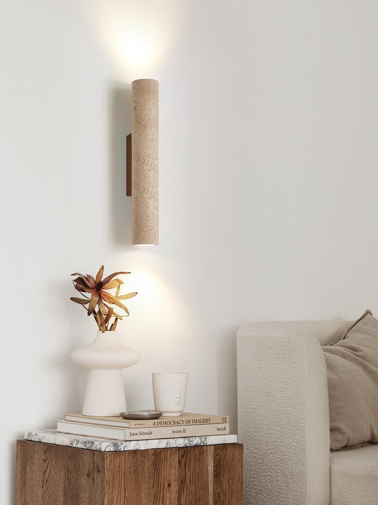 Olvaros Slim Cylinder Travertine Wall Light